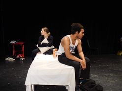 Actors Rachel Ryan and Cameron Smith perform in "Gruesome Playground Injuries" by Rajiv Joseph.